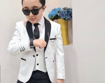 White Tuxedo Suit, Slim Fit Boys' Wedding Suit, Party Birthday Ring Bearer Graduation Photoshoot, Jacket Vest Shirt Tie Pants Lapel