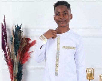 White African Clothing for Kids, Cotton Gold Embroidery Shirt Pants, Wedding Birthday Photoshoot Graduation, Nigerian Boys' Party Wear