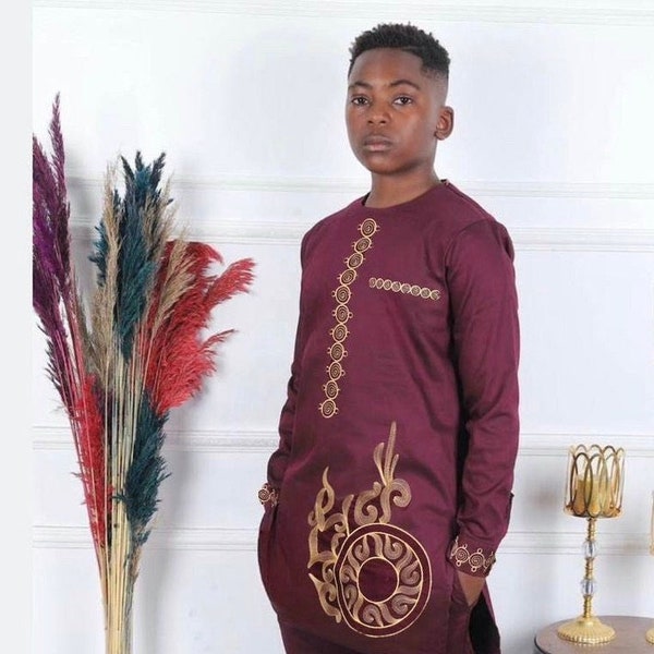 Wine African Clothing for Kids, Comfortable Cotton Embroidery Shirt Pants, Wedding Birthday Photoshoot Graduation, Boy's Nigerian Party Wear