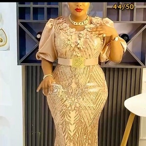 Gold Sequin Maxi Dress, African Women Party Dress, Nigerian Wedding Guest Dress, Celebration Birthday Dinner Reception Gala Mother of Bride