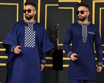 Agbada African Men's Suit, Blue African Wedding Attire Groom Suit Guests, Party Nigerian Fashion Clothing, Embroidery Agbada Pants Shirt