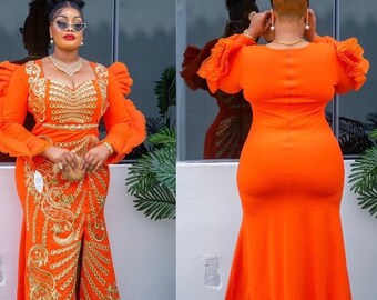 Orange Embellished Gown, Wedding Guest Dress Ruffled Sleeves, Celebration Gala Cocktail Birthday Photoshoot Bridal Wear Nigerian Party Dress