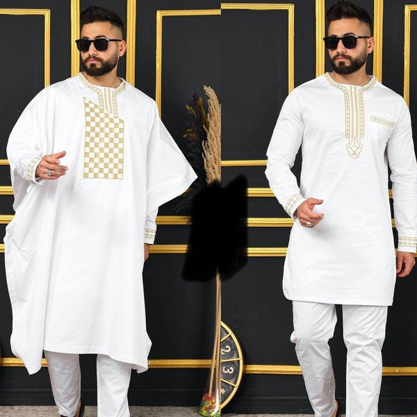 White Agbada African Men's Suit, African Wedding Attire Groom Suit Guests, Party Nigerian Fashion Clothing, Embroidery Agbada Pants Shirt