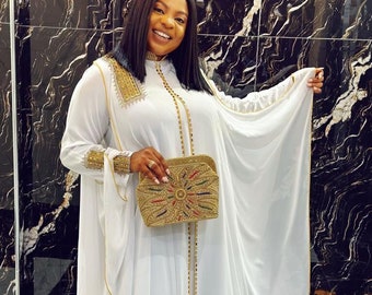 White Kaftan with Gold Embellishments, Maxi Floor Length, African Party Wear Wedding Birthday Guest Attire, Arabic Wear Cape Hood