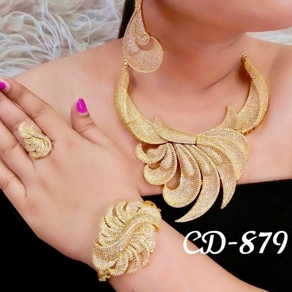 Dubai Bridal Jewelry Set Cubic Zirconia, Bold Statement Costume Gold Plated Jewelry African Wedding Birthday Nigerian Celebrant Party Owambe