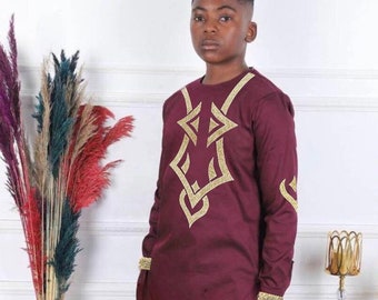 Wine African Outfit for Boys, Comfortable Cotton Embroidery Shirt Pants, Wedding Party Birthday Photoshoot Graduation, Nigerian Party Wear