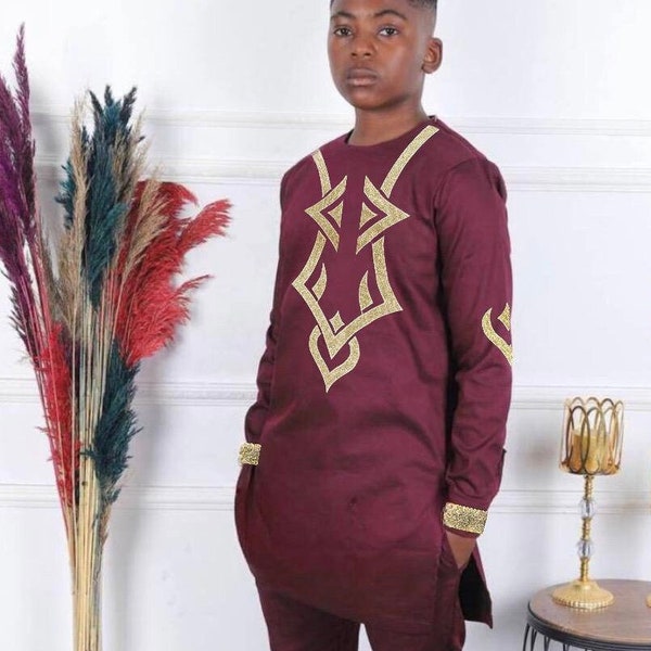 Wine African Outfit for Boys, Comfortable Cotton Embroidery Shirt Pants, Wedding Party Birthday Photoshoot Graduation, Nigerian Party Wear