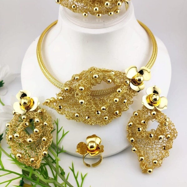 African Party Jewelry Set, Gold Plated Dubai Costume Jewelry Bridal Photoshoot Mother of Bride Birthday Graduation Nigeria Wedding Celebrant