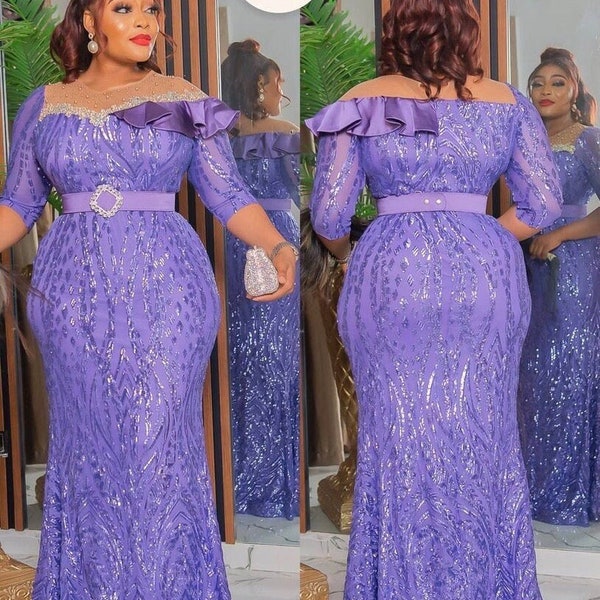 Lilac Sequin Evening Dress, African Women's Dress Plus Size, Nigerian Party Wedding Guest Outfit, Birthday Photoshoot Celebration Dinner