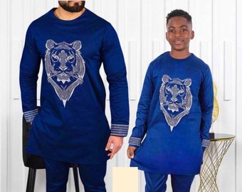 Vêtements africains bleus père fils chemise brodée pantalon assorti en coton, séance photo d'anniversaire de mariage bal de finissants, invité de fête nigérian