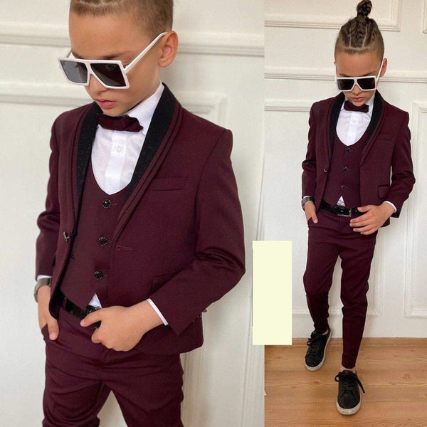 Burgundy Boys' Tuxedo Suit, Slim Fit Boy Wedding Suit, Birthday Party Ring Bearer Graduation Photoshoot, Jacket Vest Shirt Bowtie Pants