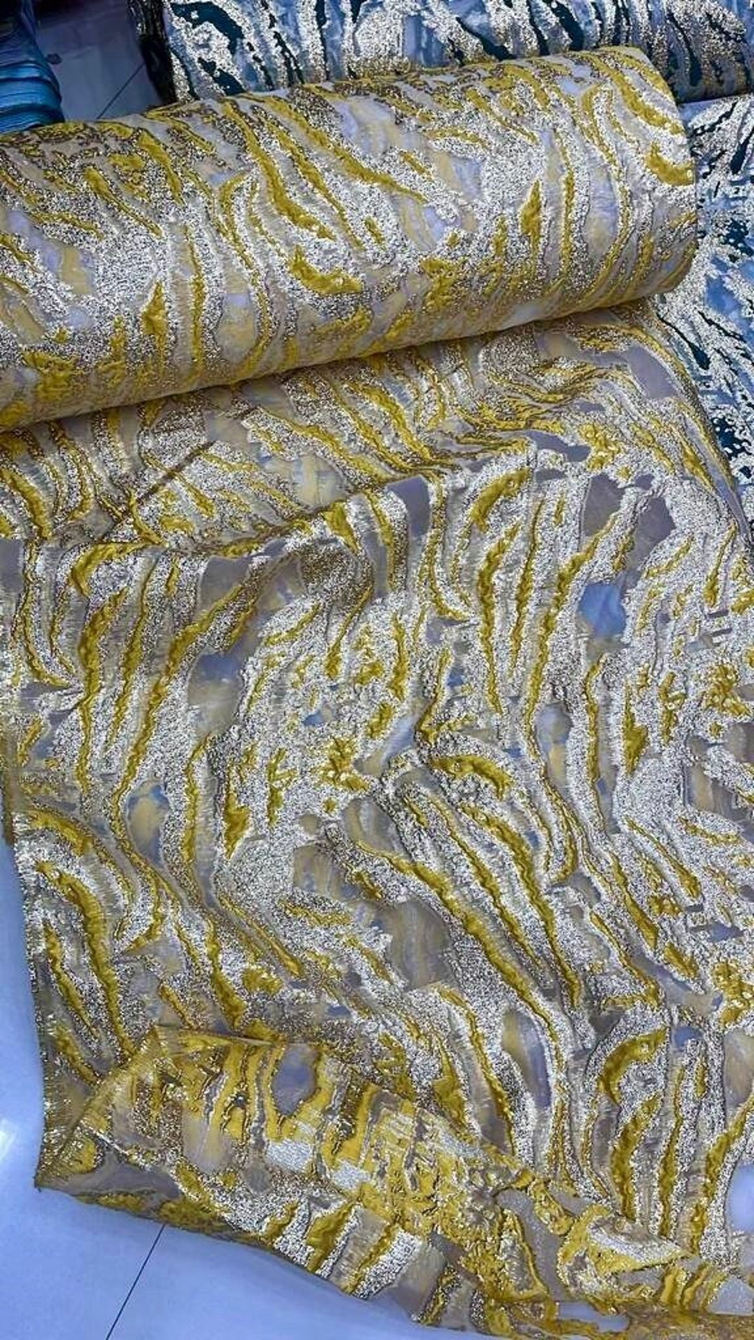 Metallic Gold Brocade Fabric by the Yard, Embossed Organza, Dressmaking