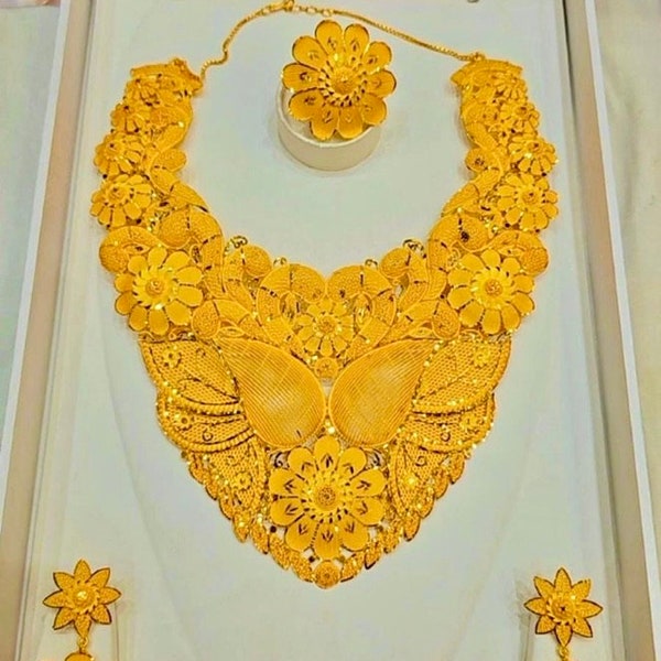 Dubai Bridal Jewelry Set, Bold Statement Costume Gold Plated Jewelry African Wedding Birthday Nigerian Celebrant Party Owambe
