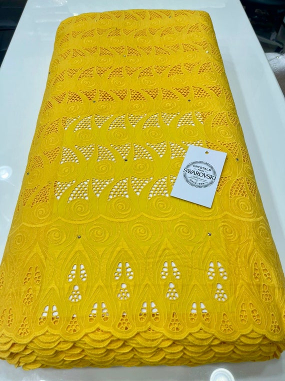 Yellow Swiss Dry Lace Swarovski Stones Cotton Eyelet Fabric