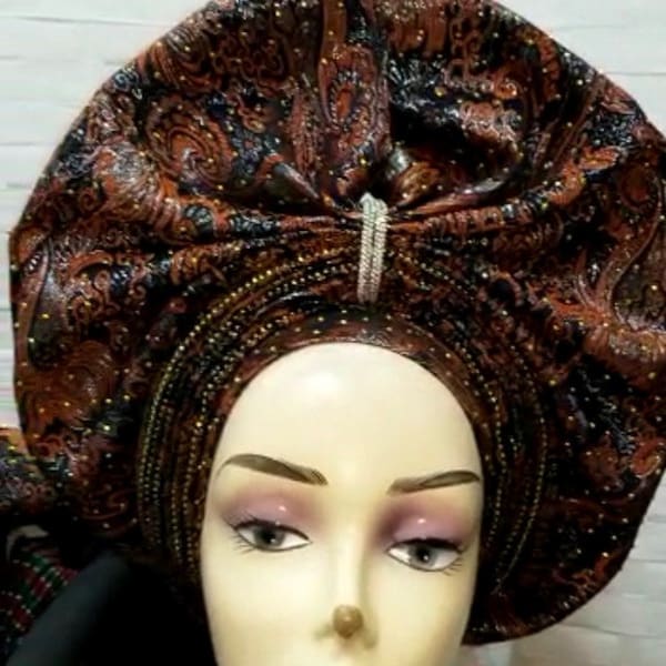 Brown Auto Gele Headtie, Ready To Wear Gele Hat, Nigerian Headtie, African Party Wedding Pre tied Gele Metallic Shimmer Brocade Rhinestones