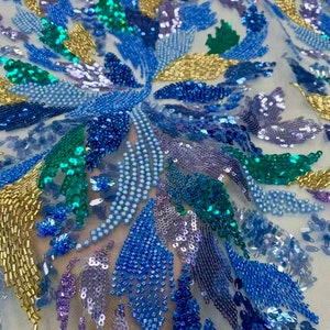 Blue 3D Embroidered Beaded Pearls Sequin Lace Fabric Sold By The Yard, Wedding Formal Evening Prom Dressmaking Home Decor DIY Sewing Craft