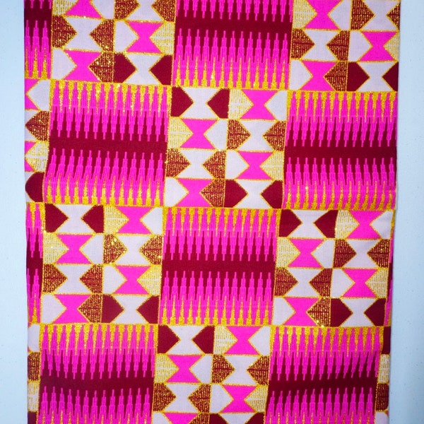Metallic Pink Fabric by the Yard, Kente Print, Cotton Quilting Crafting, Home Decor Upholstery, Sewing Dress, Geometric Abstract Zig Zag