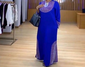 Blue Kaftan with Rhinestones, African Women's Wedding Guest, Nigerian Fashion, Resort Birthday Dinner Bridal Photoshoot Casual Evening Party