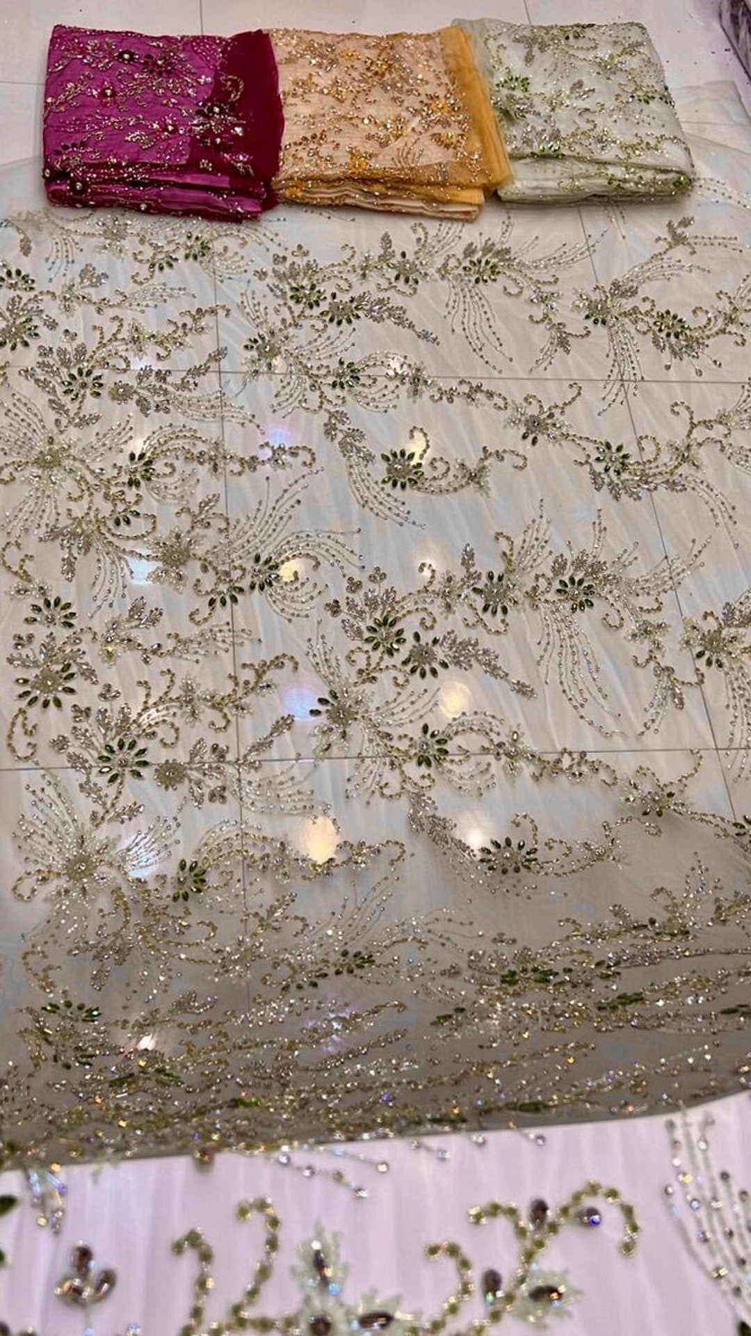 Gold 3D Rhinestone Lace Fabric by the Yard, Floral Crystal Beads Sew ...