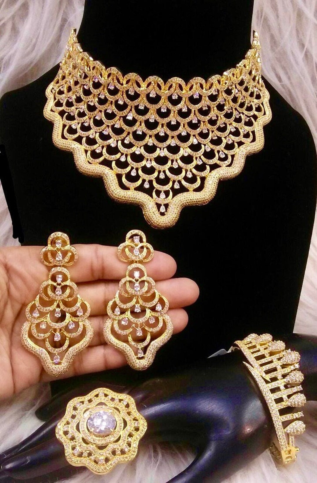 Dubai Bridal Jewelry Set Cubic Zirconia, Bold Statement Costume Gold