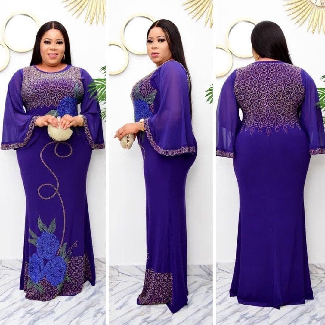 Purple Kaftan Dress With Rhinestones and Sheer Sleeves, African Fashion ...