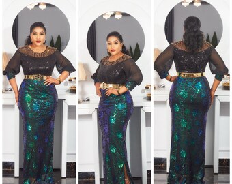 Green Sequin Dress, African Party Dress, Nigerian Wedding Guest Attire, Birthday Photoshoot