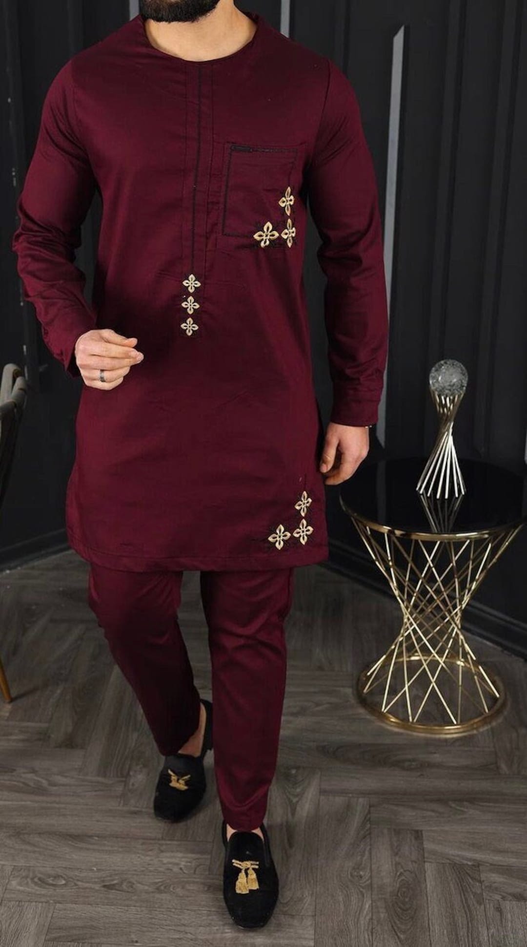 Burgundy African Men's Outfit, Nigerian Wedding Guest Clothing, Cotton ...