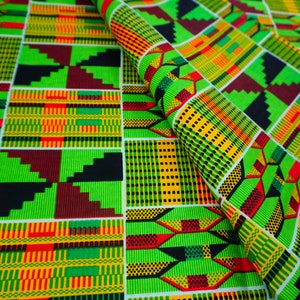 Green Kente African Fabric by the Yard, Colorful Ankara Print, Quilting Craft Mask Head Wrap, Boho Decor Upholstery, Dressmaking, Cotton