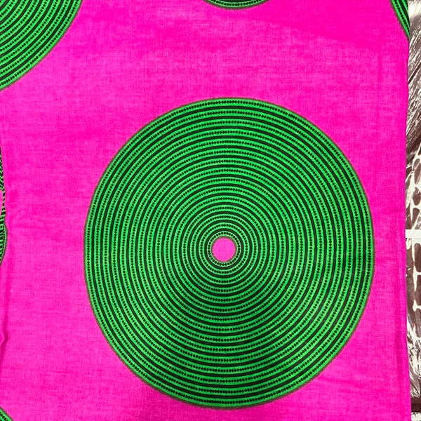 Magenta Pink Green Fabric by the Yard, Cotton African Print, Geometric Circular Abstract, Mask Headwrap Clothing, Craft Upholstery, Quilting