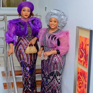 Purple Evening Sequin Dress, African Wedding Guest Gown, Nigerian Party ...