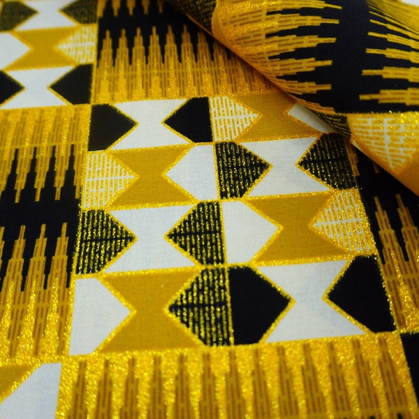 Metallic Gold Black African Fabric by the Yard, Kente Print Ankara, Cotton Quilting, DIY Sew Boho Home Decor Upholstery, Summer Dressmaking