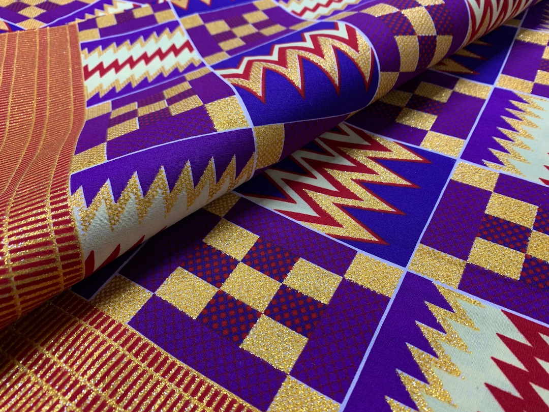 Purple Kente Fabric by the Yard, Metallic Gold Ankara Print, Kitenge