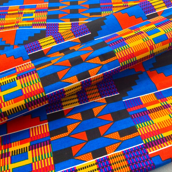 Colorful Kente Fabric by the Yard, Cotton Ankara Print, African Fabric Quilt Patchwork DIY, Upholstery, Clothing, Crafting Sewing Decor