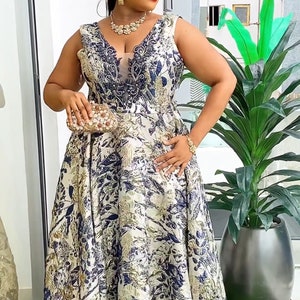 Black Brocade Gown with White Applique