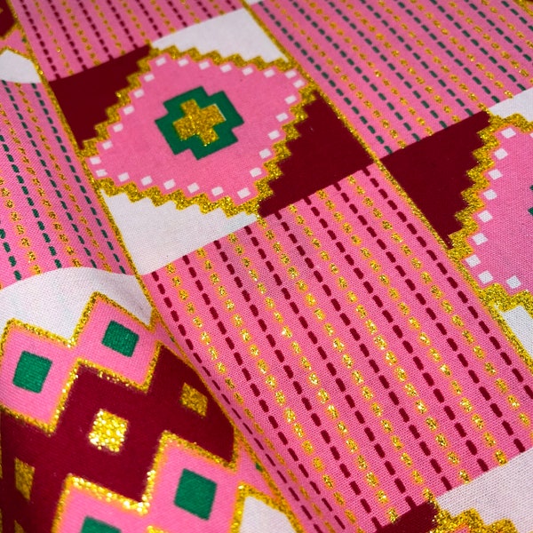 Metallic African Fabric by the Yard, Pink Kente Ankara Print, Cotton Masks Head Wrap, Boho Home Decor Upholstery Geometric Zig Zag Abstract