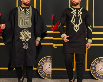 Agbada Afrikanische Herrenbekleidung, Afrikanische Hochzeitskleidung Bräutigam Anzug Gäste Groomsmen Geburtstagsfeier Nigeria Stickerei Agbada Buba Sokoto Schwarz