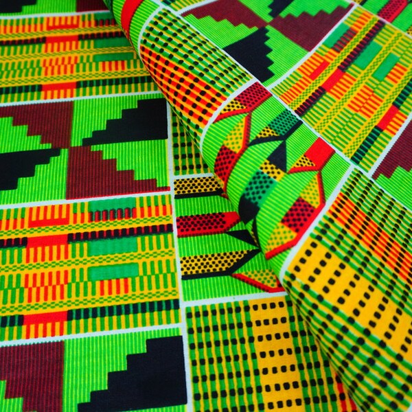 Green Kente Fabric by the Yard, Ankara African Print, Clothing Sewing, Head Wrap Mask, Geometric Abstract, Upholstery, Craft Quilting Cotton