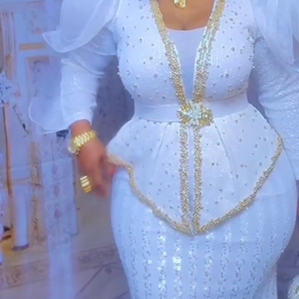 White Sequin Evening Dress, African Wedding Guest Peplum Dress, Nigerian Party Attire, Birthday Photoshoot Gala Reception Mother of Bride