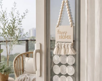 Decoração de parede "Lar Feliz" • Decoração com conchas de Capiz • Decoração boho para hall de entrada • Arte de parede costeira • Presente de boas-vindas