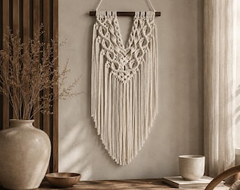 Painel de parede em macramê de nogueira, decoração de parede Japandi, arte têxtil Wabi Sabi, tapeçaria minimalista, decoração moderna e orgânica para casa.