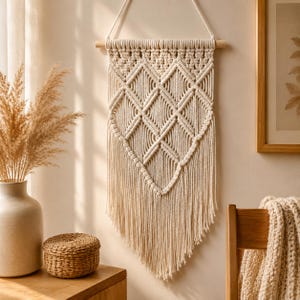 May include: A cream-colored macrame wall hanging featuring a diamond-shaped knot pattern suspended from a horizontal wooden dowel with a matching cord for hanging. The lower section consists of long, straight, unknotted fringe tassels.