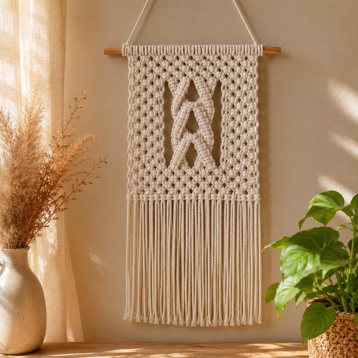 Macrame Wall Hanging, Boho Wall Decor, Handmade Cotton Wall Art, Geometric Woven Tapestry, Neutral Bedroom Decor
