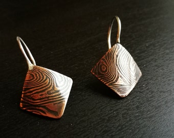 Mokume gane earrings - copper, bronze, woodgrain pattern