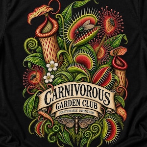 May include: A black t-shirt featuring a colorful graphic of various carnivorous plants, including Venus flytraps and pitcher plants. A central banner displays the text "CARNIVOROUS GARDEN CLUB" and "QUESTIONABLE INTENTIONS" above a moth illustration.