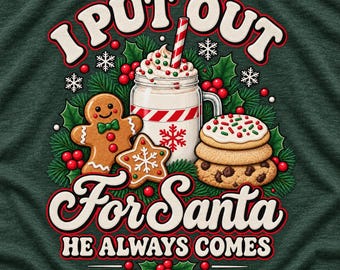 T-shirt « J’attends le Père Noël, il vient toujours », T-shirt de Noël humoristique, T-shirt « Lait et biscuits », T-shirt pour une fête de Noël avec le Père Noël, Humour de Noël pour adultes