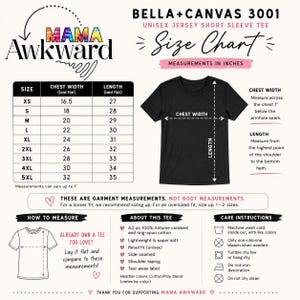 May include: A Bella+Canvas 3001 unisex jersey short sleeve tee size chart featuring a black t-shirt illustration with chest width and length arrows. Includes a detailed measurement table in inches, how to measure instructions, and care guidelines.