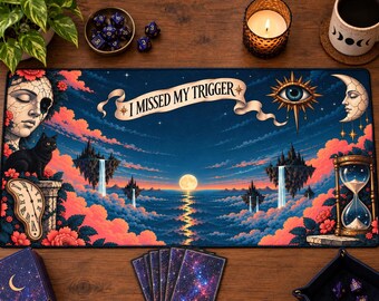 TCG Playmat, Surreal Fantasy Card Game Mat, I Missed My Trigger Gaming Mat, Tabletop Desk Mat