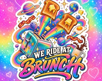 Autocollant « On roule au brunch », autocollant humoristique pour les amoureux du brunch, autocollant grille-pain arc-en-ciel coloré, autocollant pour le petit-déjeuner, autocollant découpé de 7,6 cm