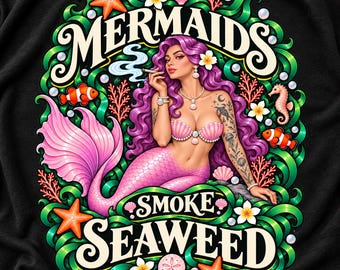 T-shirt sirènes fumant des algues, T-shirt graphique sirène humoristique, T-shirt sirène fumeuse, T-shirt humour cannabis, Cadeau plage cannabis