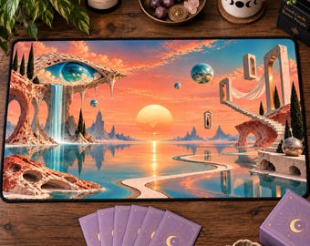 Surreal Fantasy Playmat, Dreamscape TCG Playmat, Cosmic Landscape Desk Mat, Fantasy Card Game Mat, Otherworldly Gaming Mat